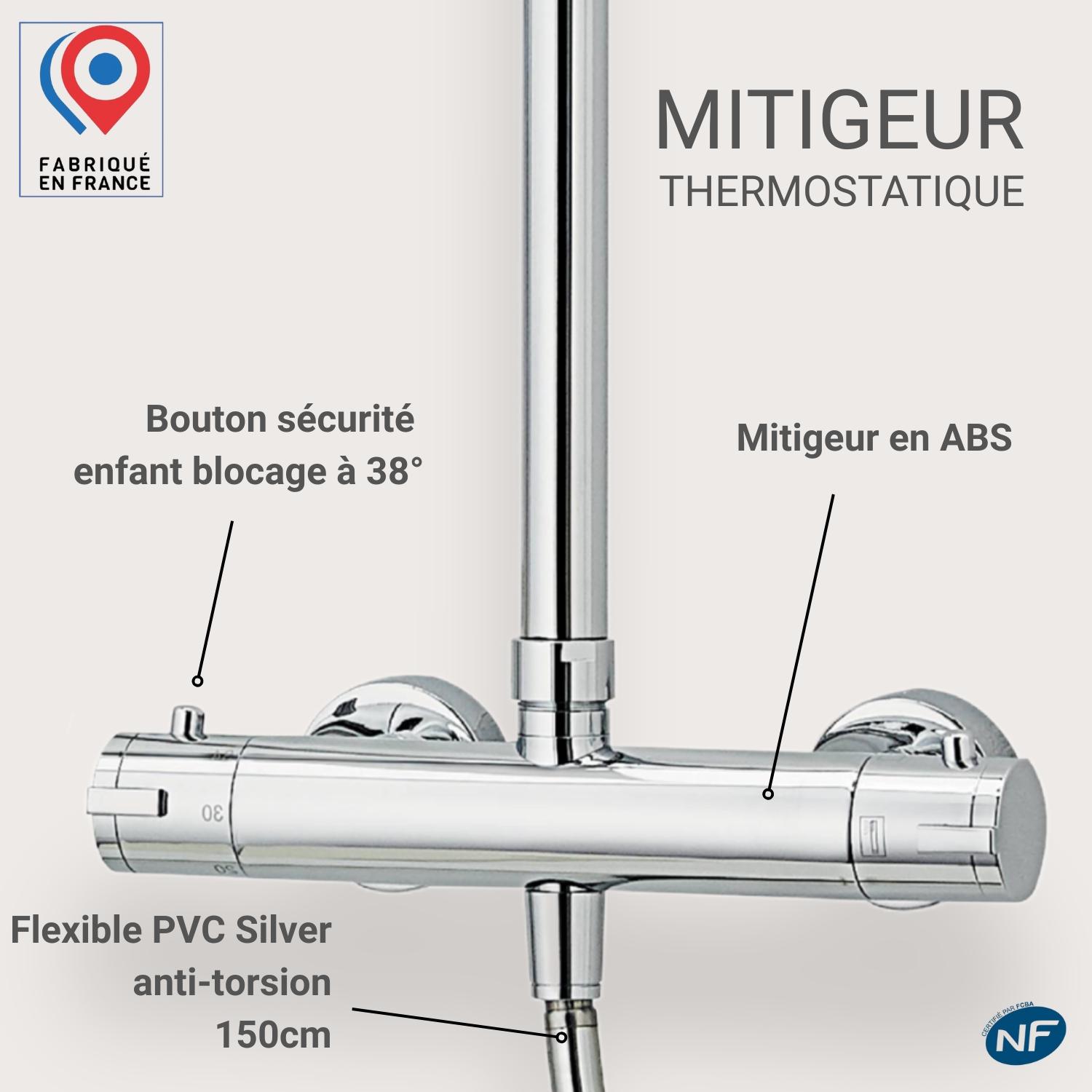 Colonne de douche thermostatique chromée ISHKA avec mitigeur fabriqué en France