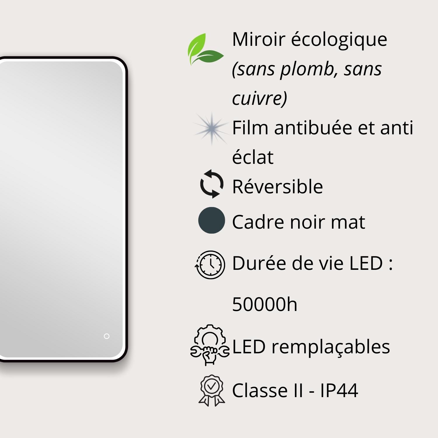 Miroir LED rectangulaire 90x40cm avec cadre alu noir