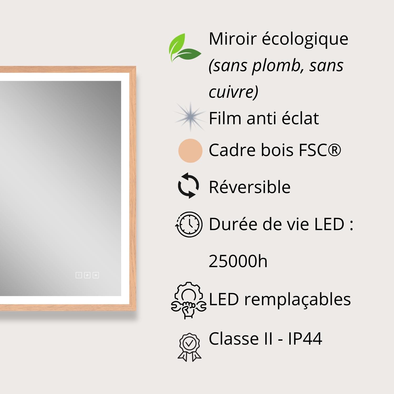 Miroir LED rectangulaire 75x60cm avec cadre en bois