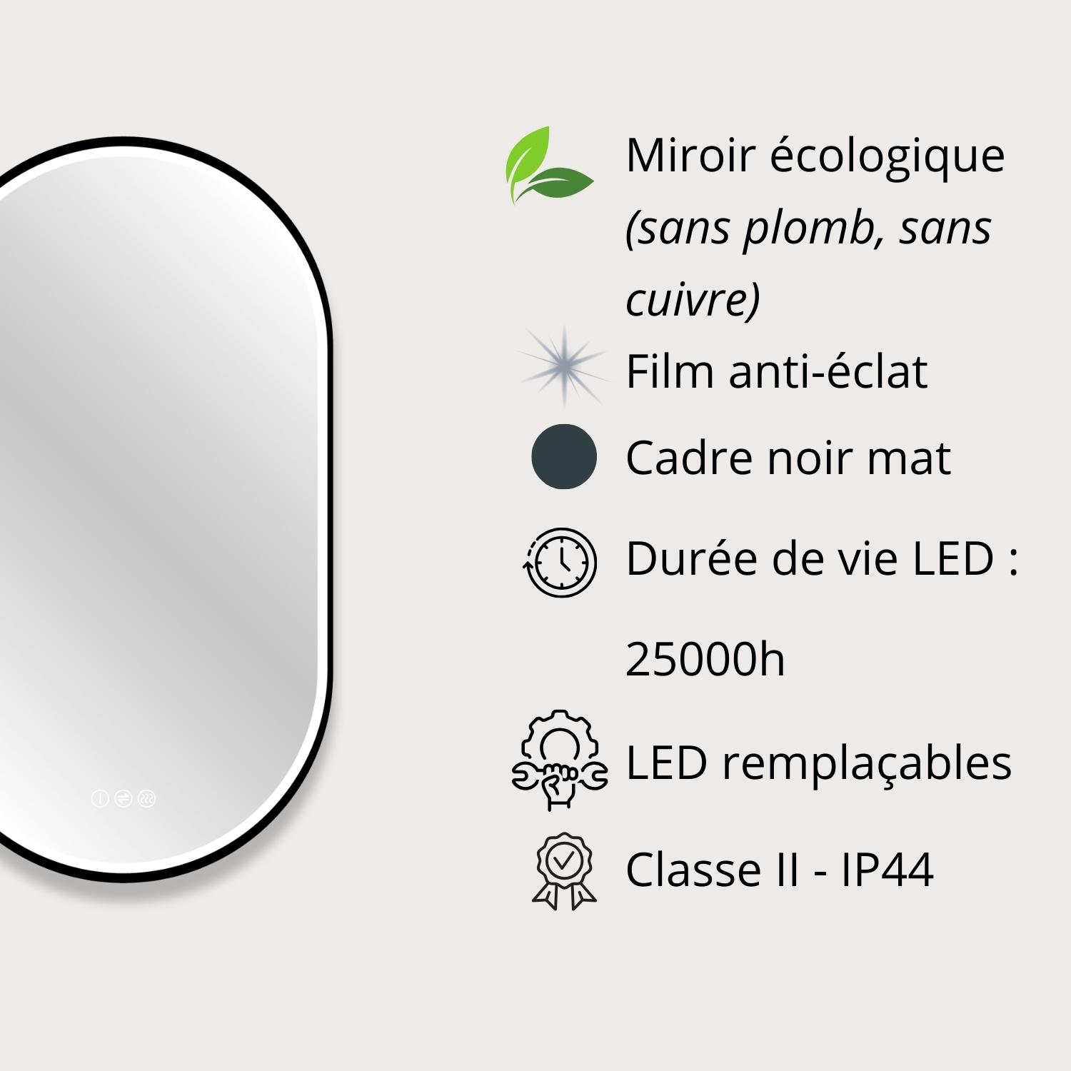 Miroir LED ovale 90x50cm avec carde alu noir