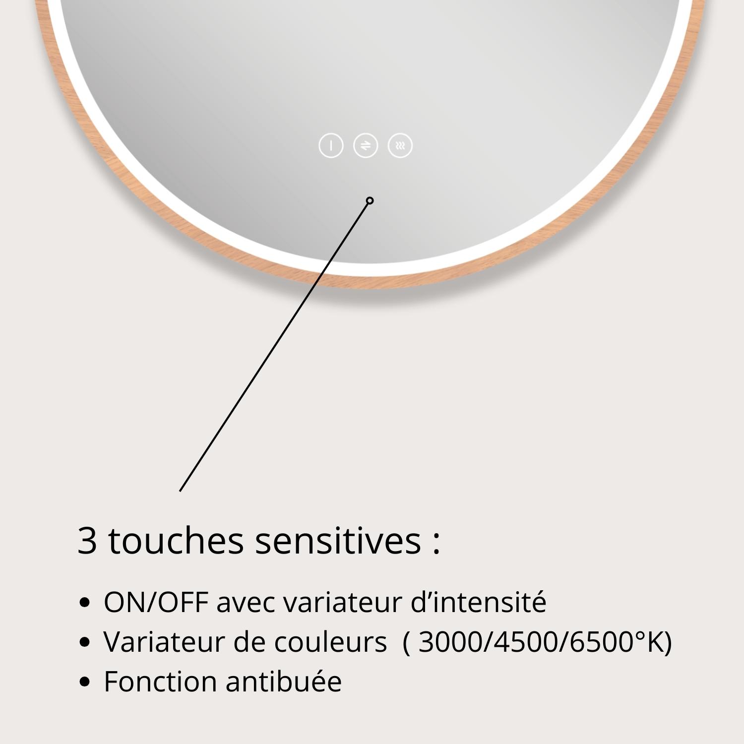 Miroir LED rond D60 cm avec cadre en bois