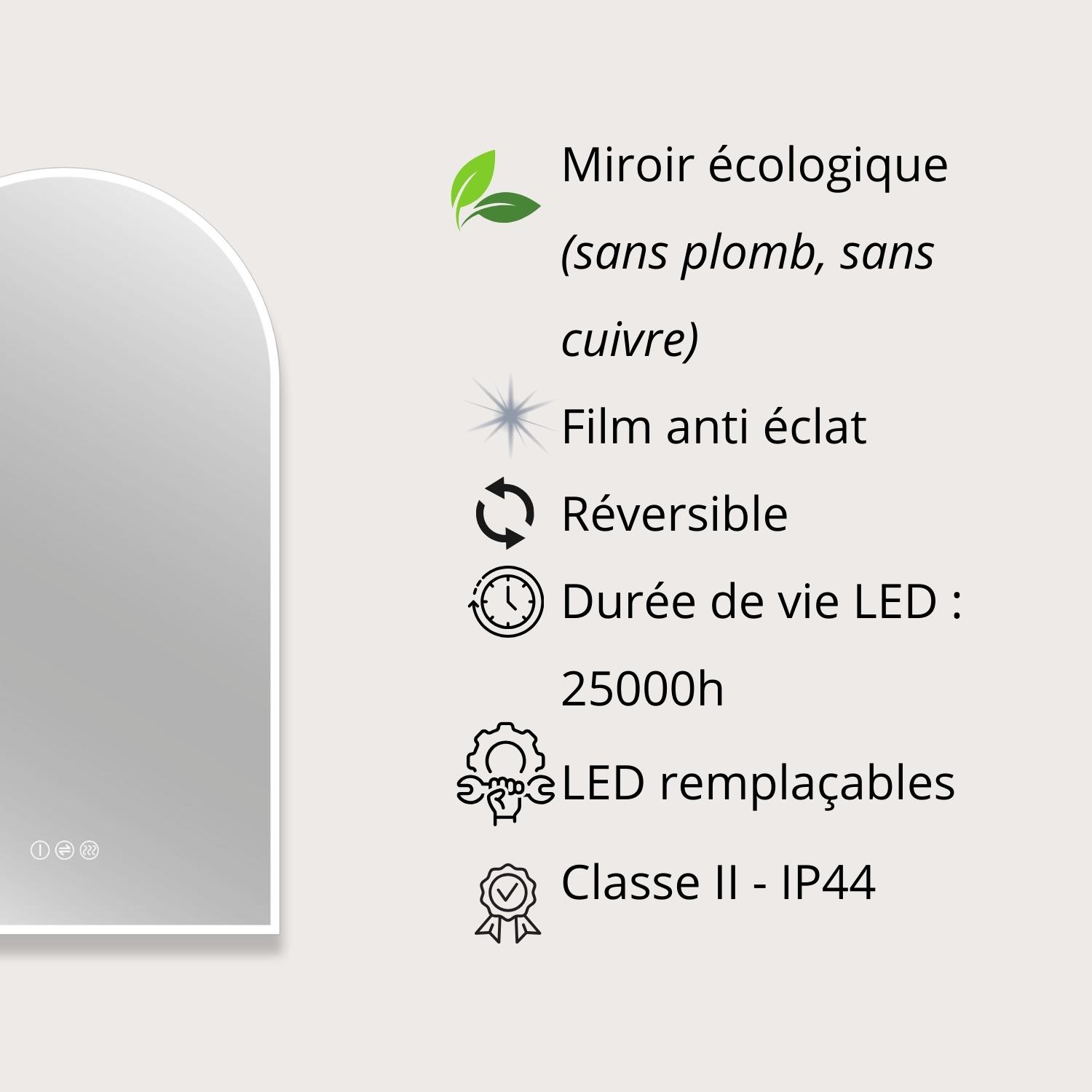 Miroir LED arche 90x50cm avec rétroéclairage
