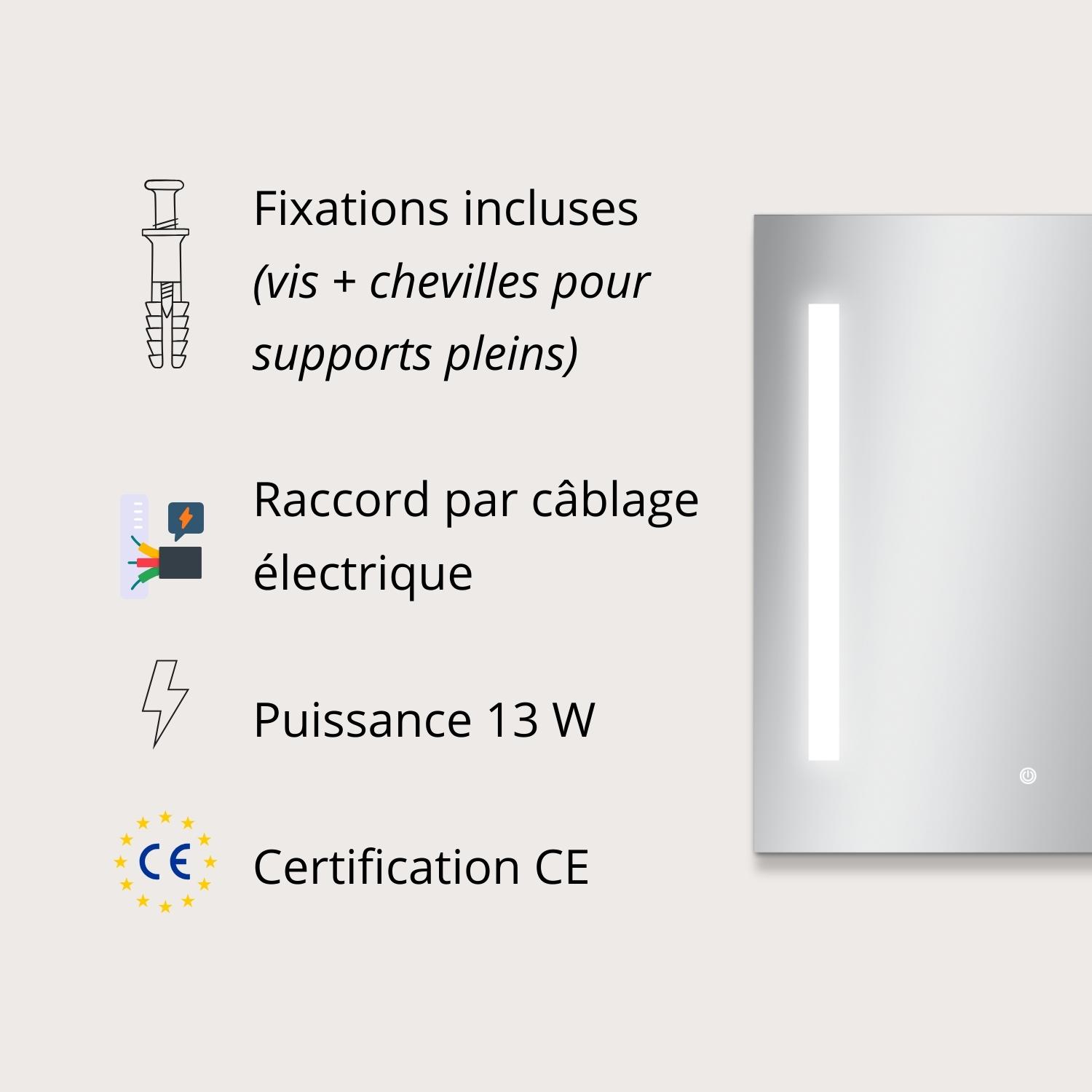 Miroir LED rectangulaire L 60/80cm éclairage latéral