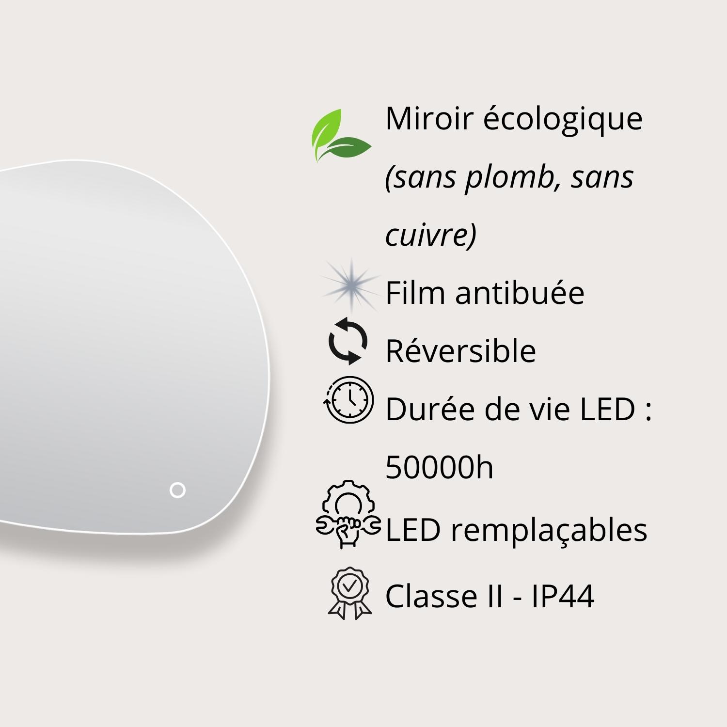Miroir LED galet L80/120cm antibuée