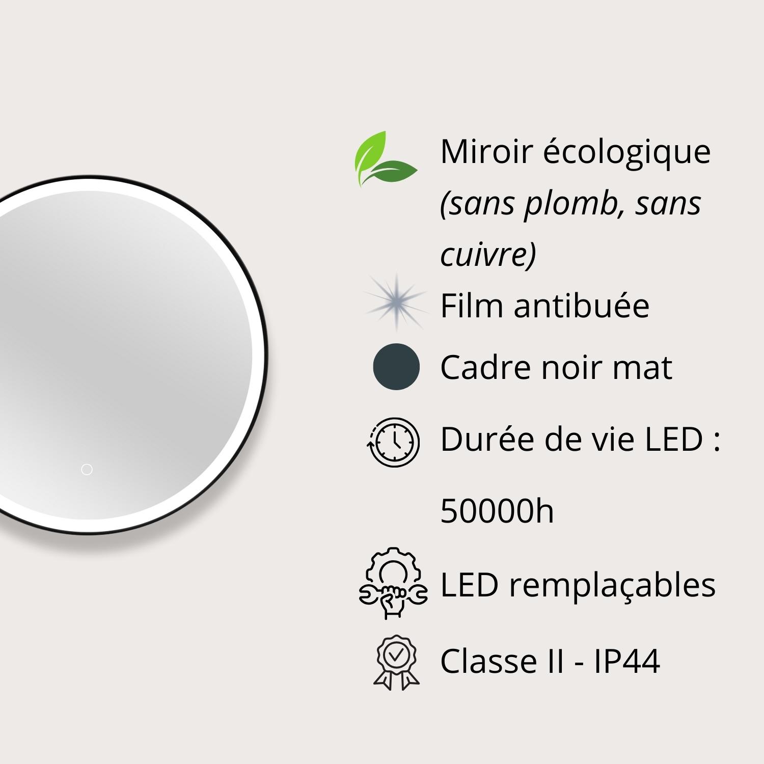 Miroir LED rond D60cm avec cadre alu noir