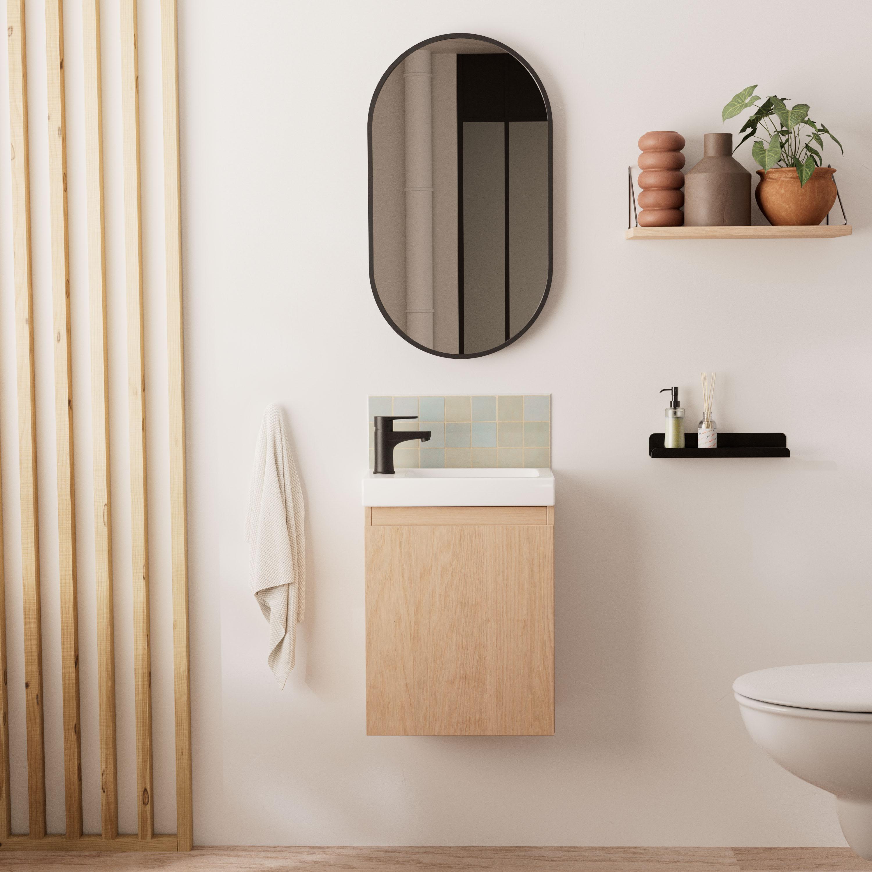Ensemble lave-mains suspendu + robinet noir + miroir ovale