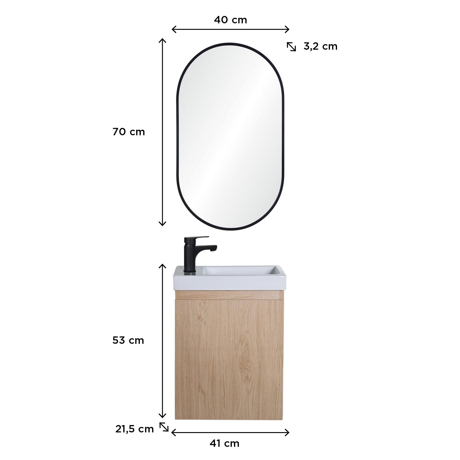 Ensemble lave-mains suspendu + robinet noir + miroir ovale
