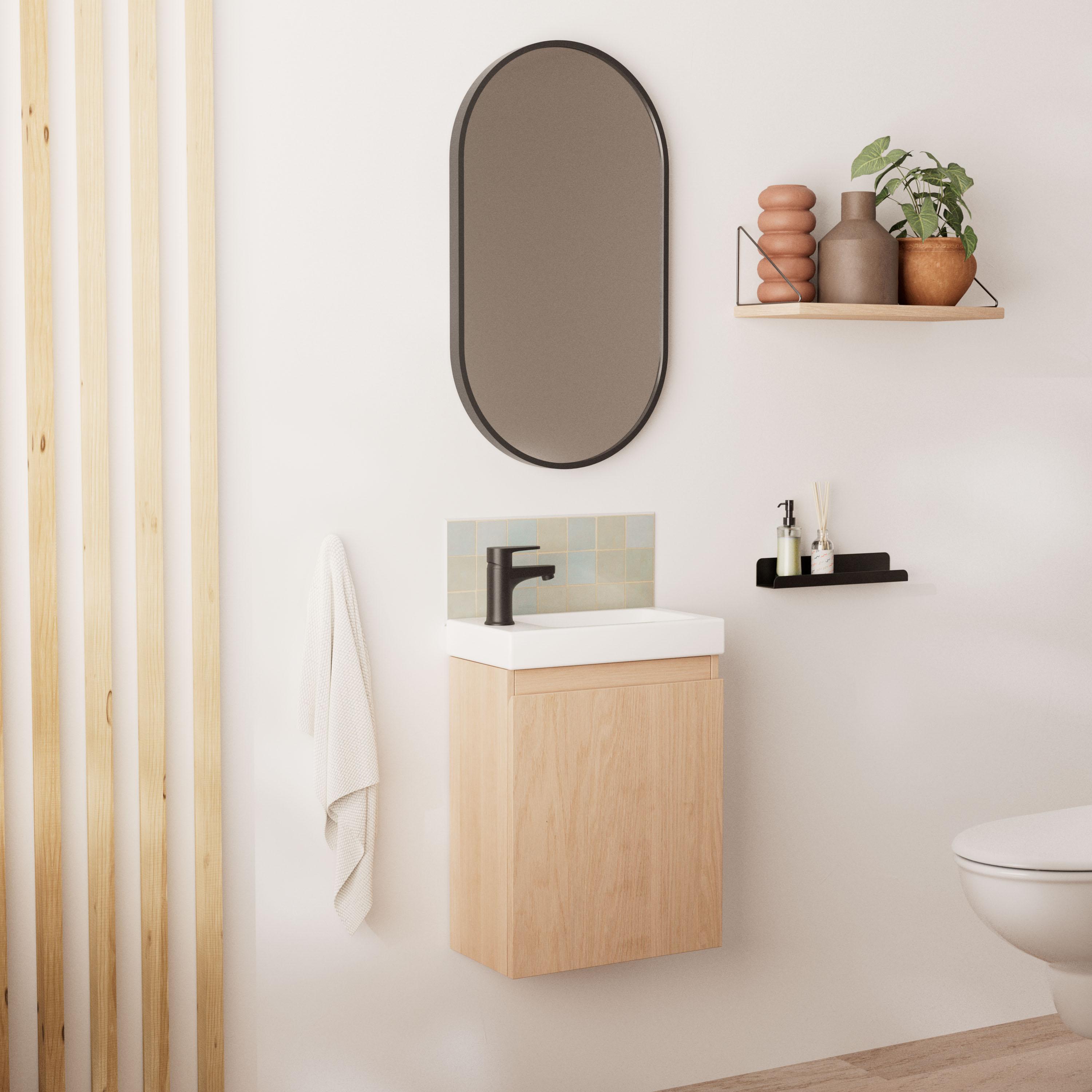 Ensemble lave-mains suspendu + robinet noir + miroir ovale