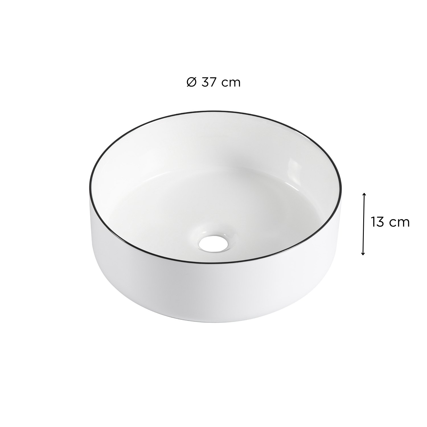 Vasque à poser ronde blanche liseré noir 37cm céramique ALIX vue de dessus.