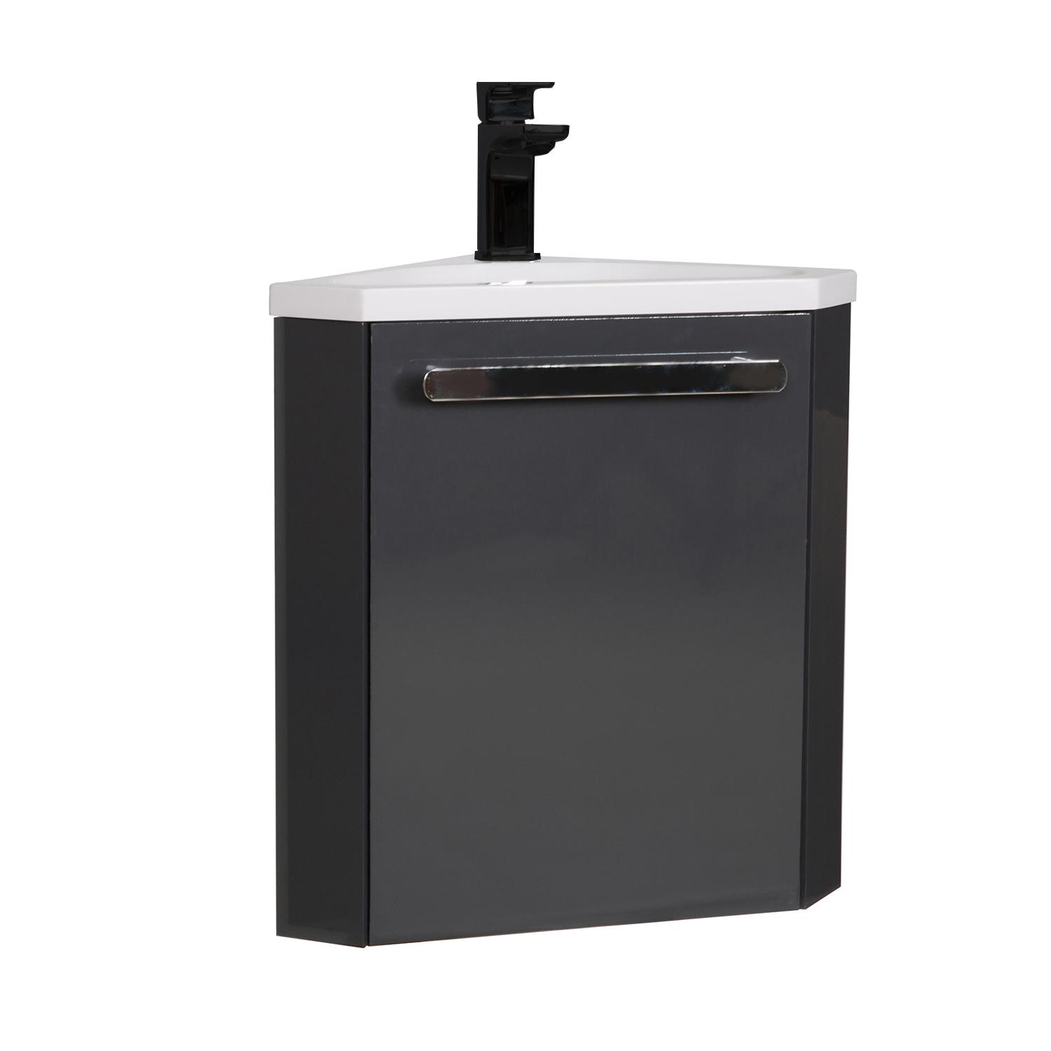 Ensemble meuble lave-mains d'angle décor chêne vasque noire SKINO avec robinet noir