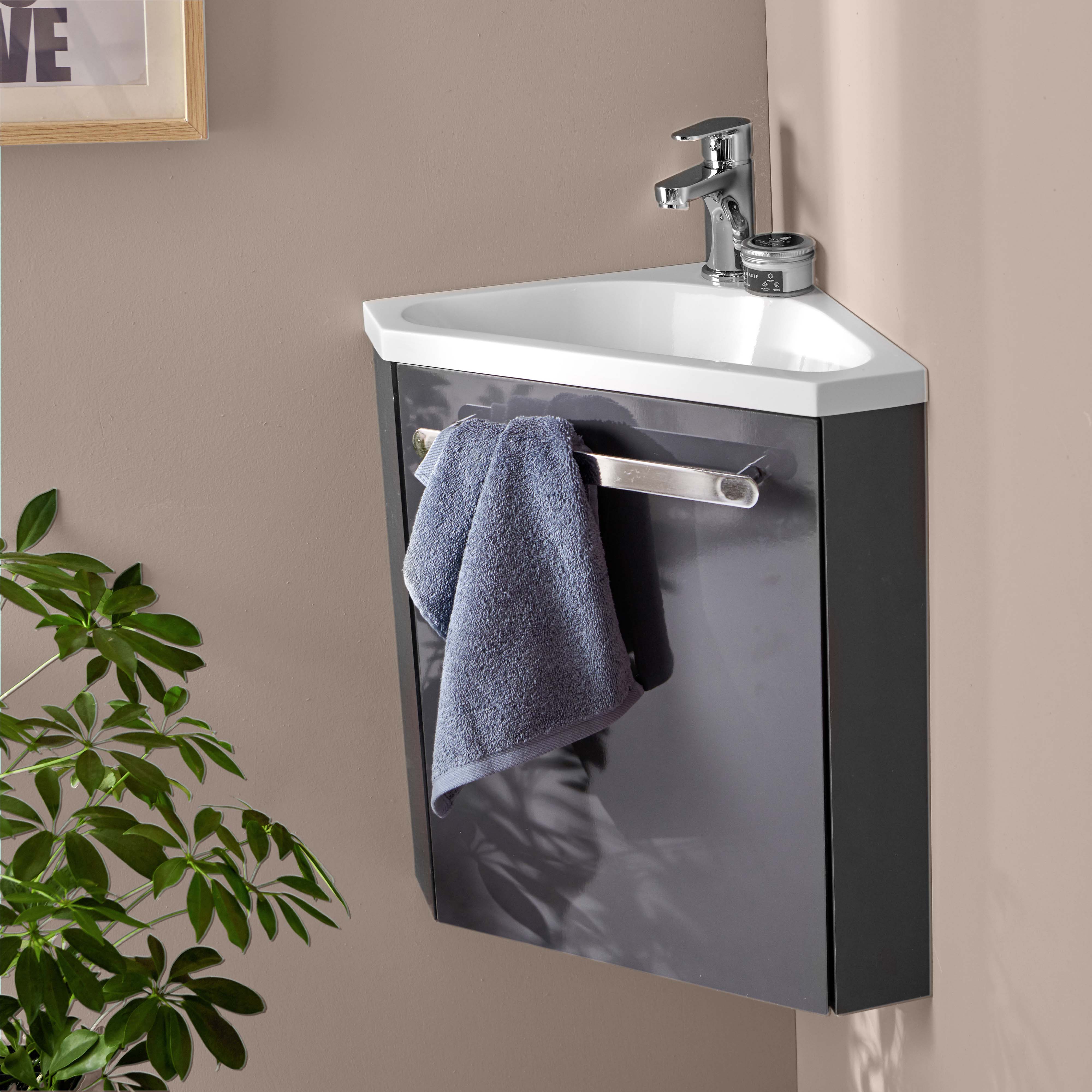 Ensemble meuble lave-mains d'angle blanc SKINO avec robinet chromé