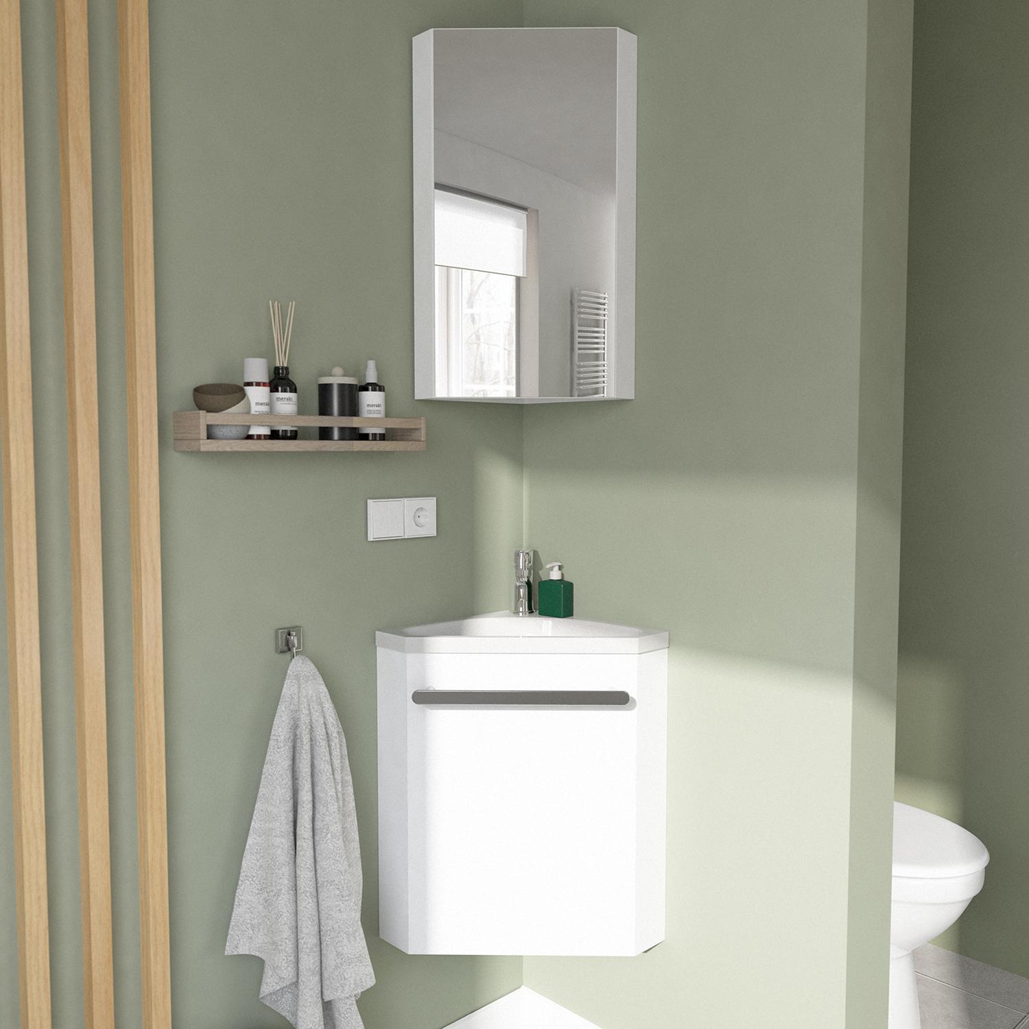 Ensemble lave-mains angle décor chêne + vasque + armoire toilette d'angle