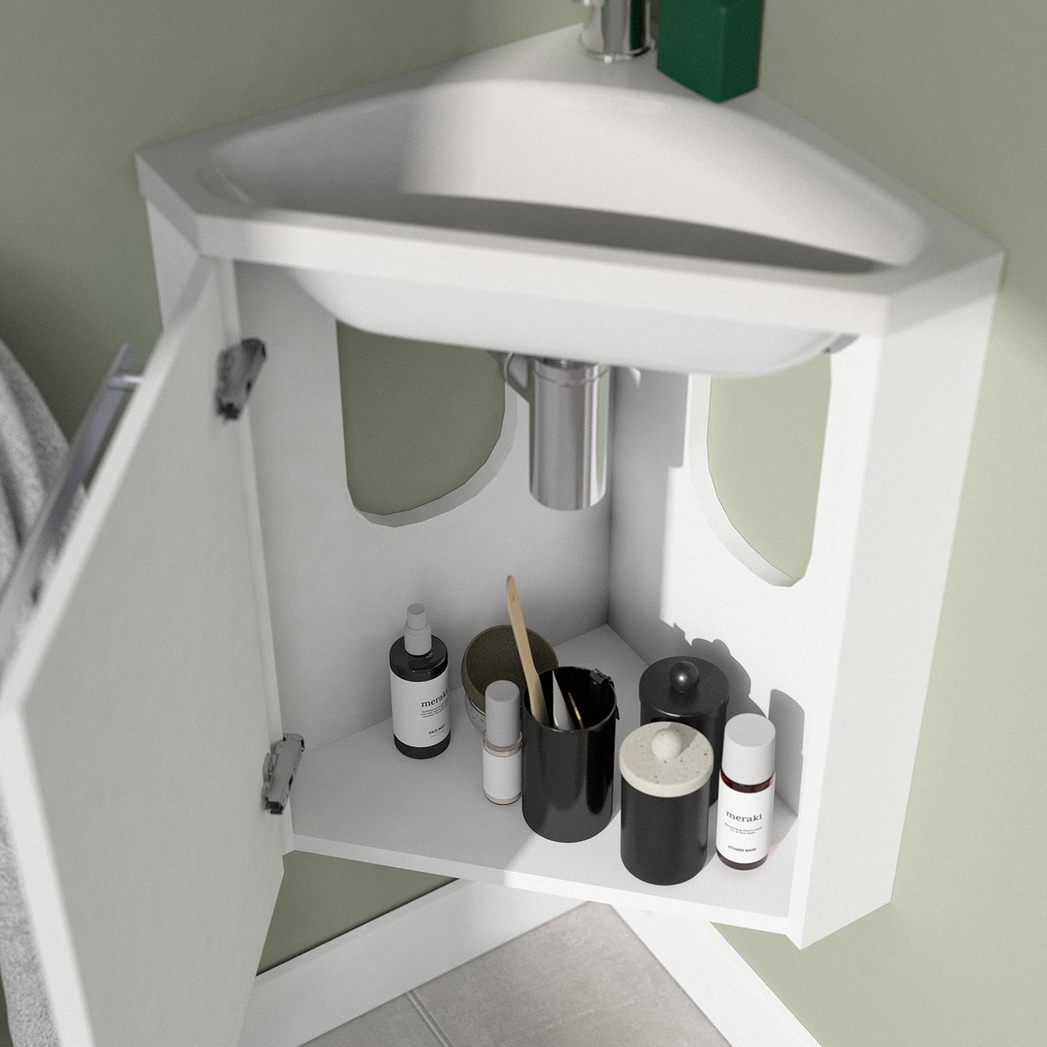 Ensemble lave-mains angle décor chêne + vasque + armoire toilette d'angle