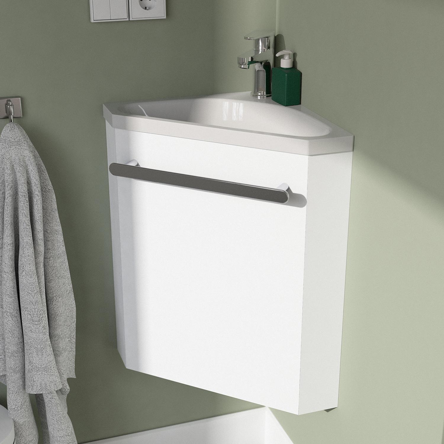 Ensemble lave-mains angle décor chêne + vasque + armoire toilette d'angle