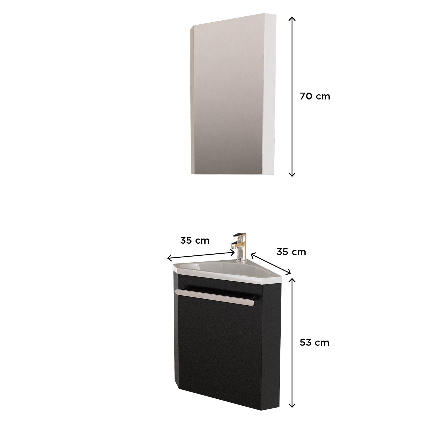 Ensemble lave-mains angle noir + vasque + robinet  + armoire toilette d'angle