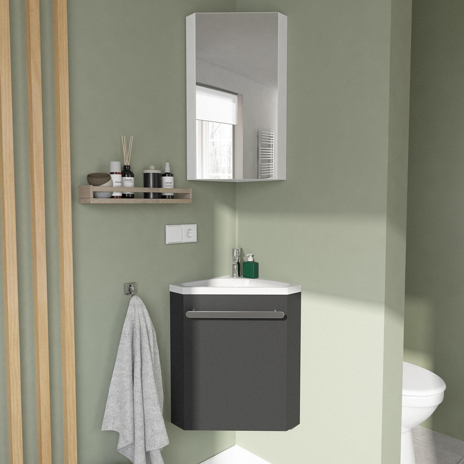 Ensemble lave-mains angle noir + vasque + robinet  + armoire toilette d'angle