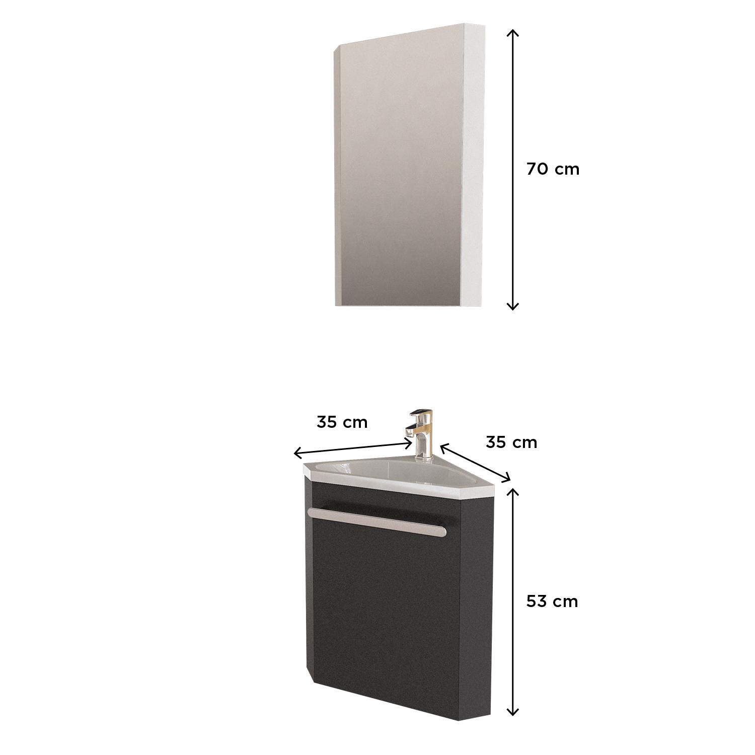 Ensemble lave-mains angle noir + vasque + robinet  + armoire toilette d'angle