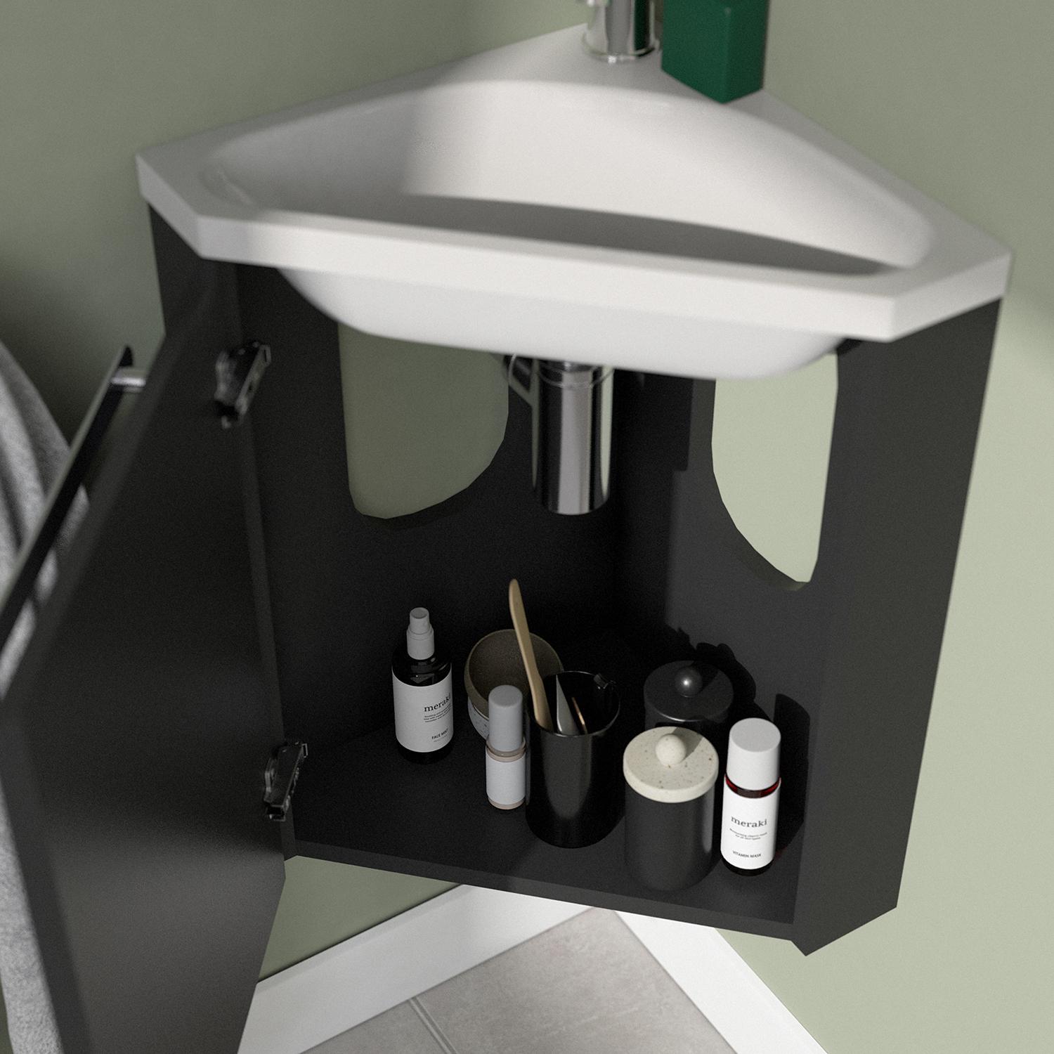 Ensemble lave-mains angle noir + vasque + robinet  + armoire toilette d'angle