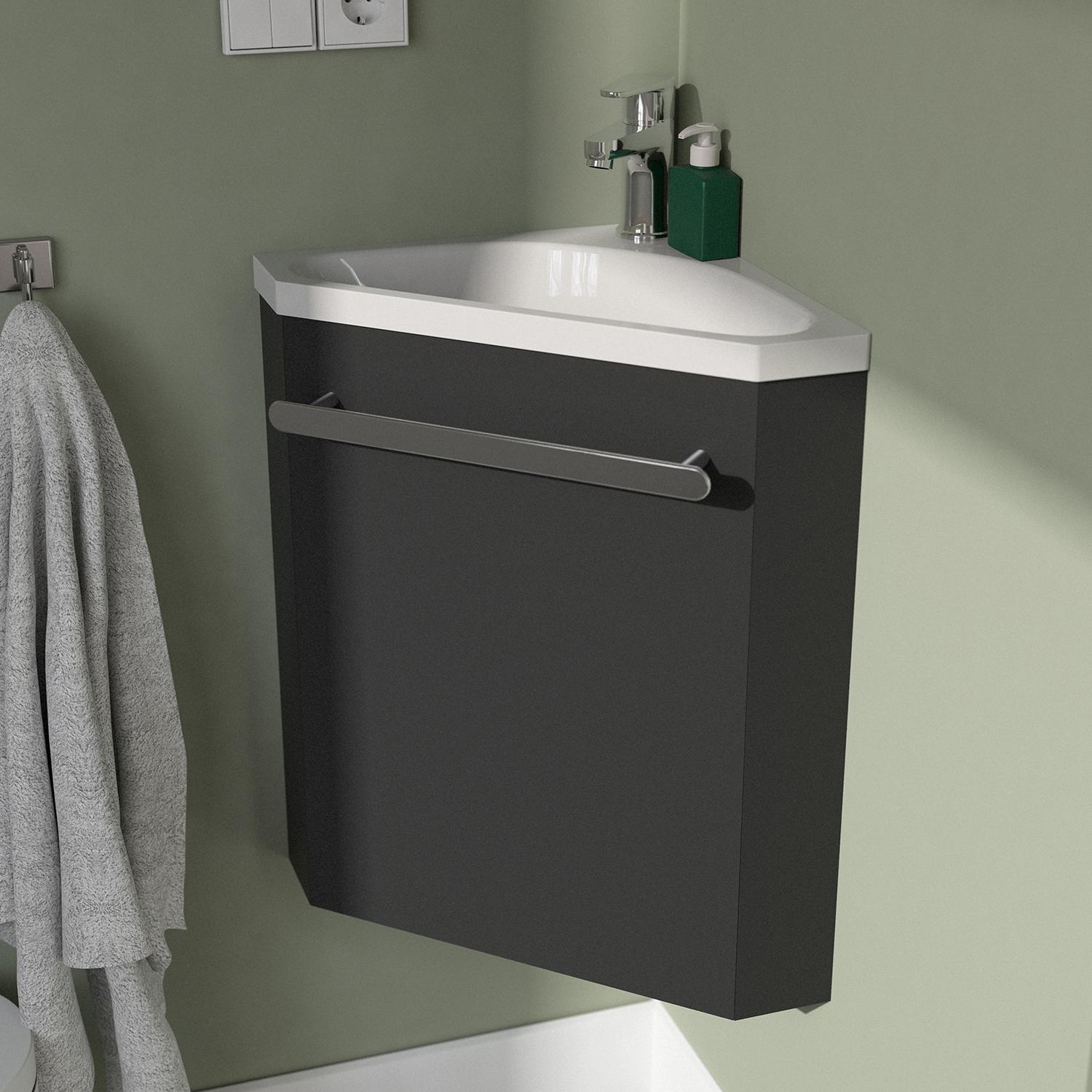 Ensemble lave-mains angle noir + vasque + robinet  + armoire toilette d'angle