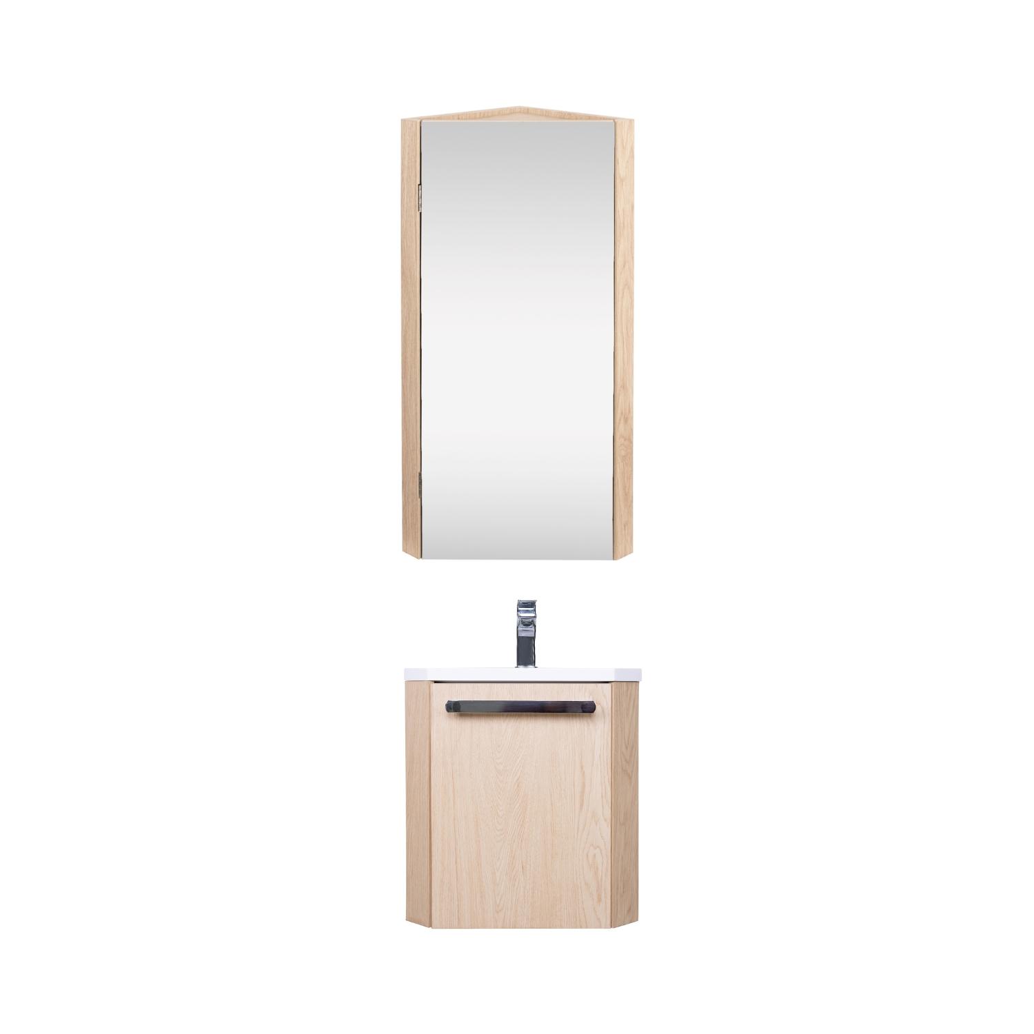 Ensemble lave-mains d'angle suspendu avec armoire d'angle décor chêne