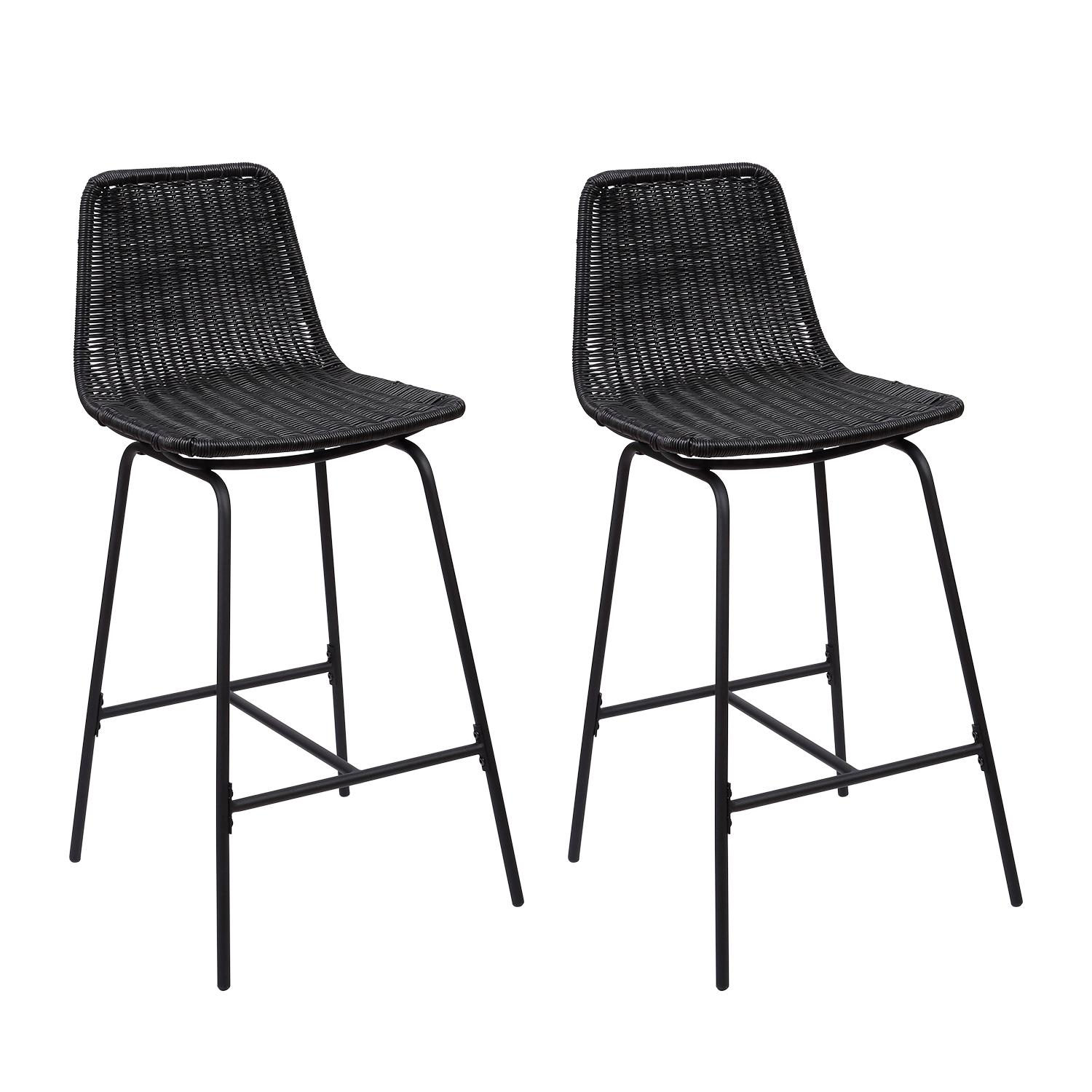 Lot de 2 tabourets de bar et d'ilot 65 cm en rotin synthétique noir et métal