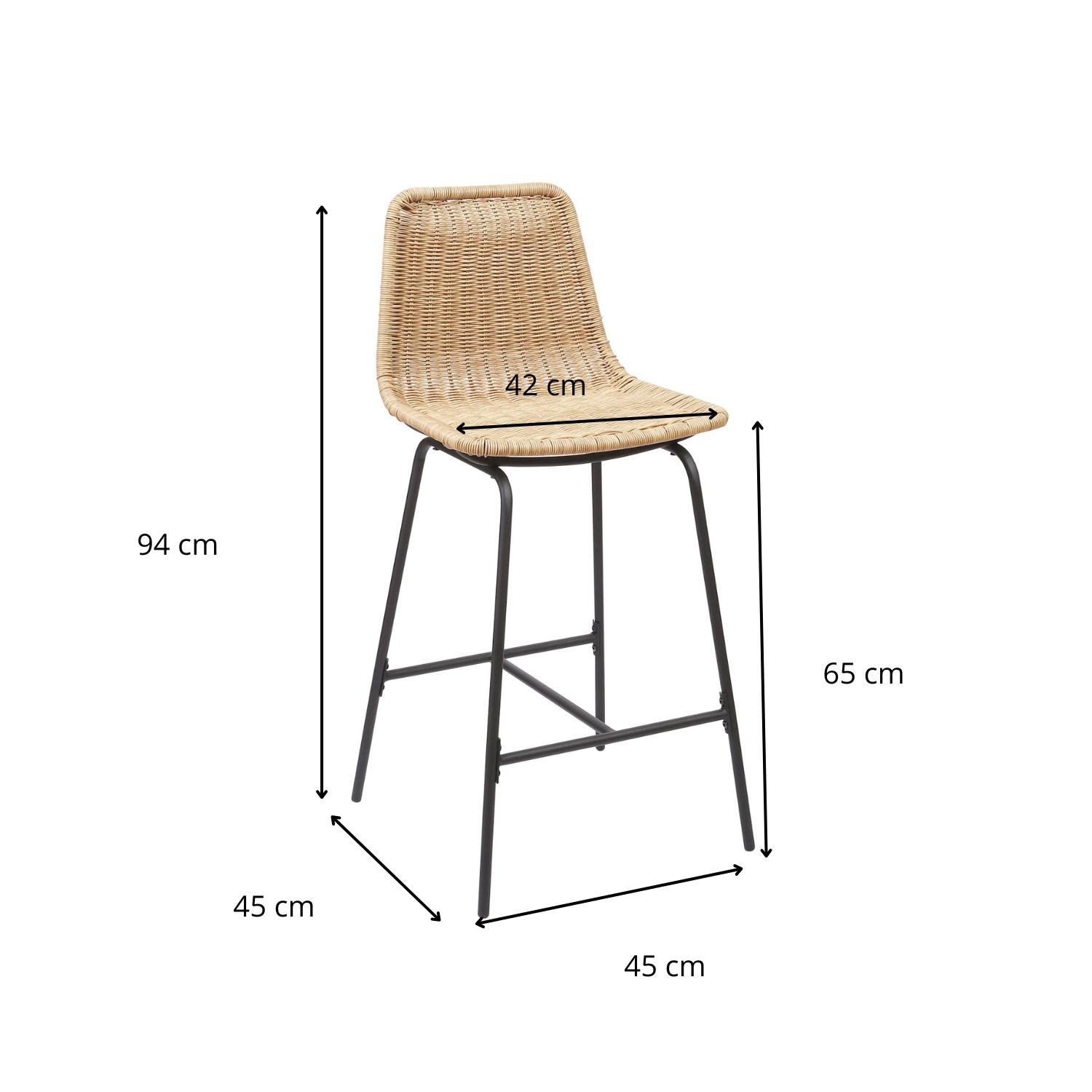 Lot de 2 tabourets de bar et d'ilot 65 cm en rotin synthétique noir et métal
