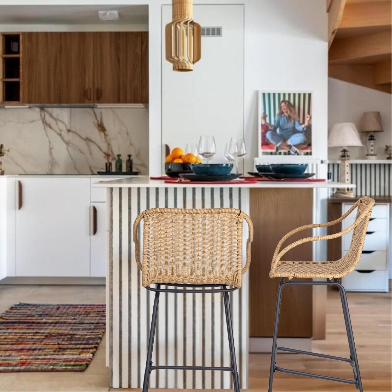 Lot de 2 chaises d'ilot et bar 65 cm en rotin synthétique et métal