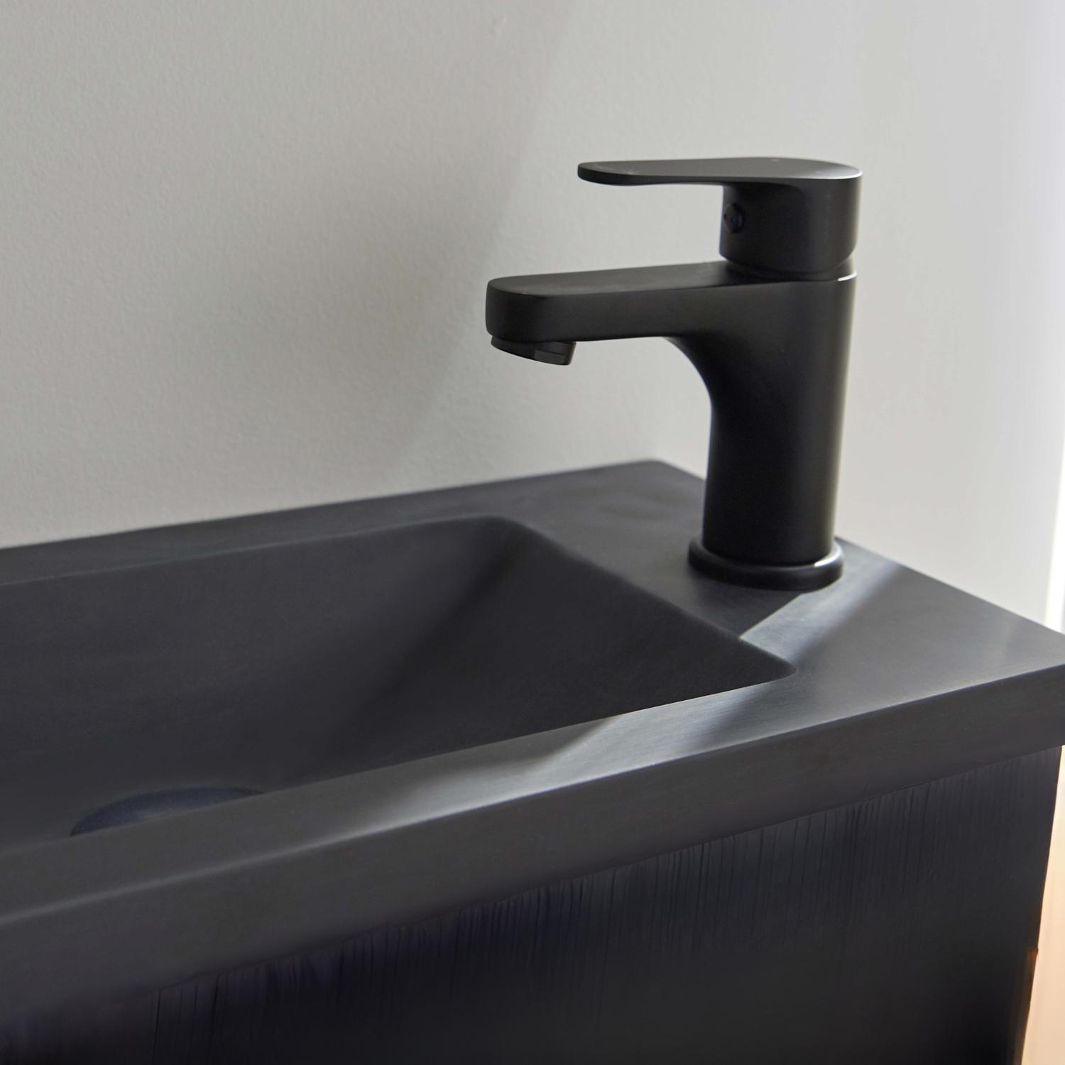 Ensemble meuble lave-mains noir carbone + miroir + robinet
