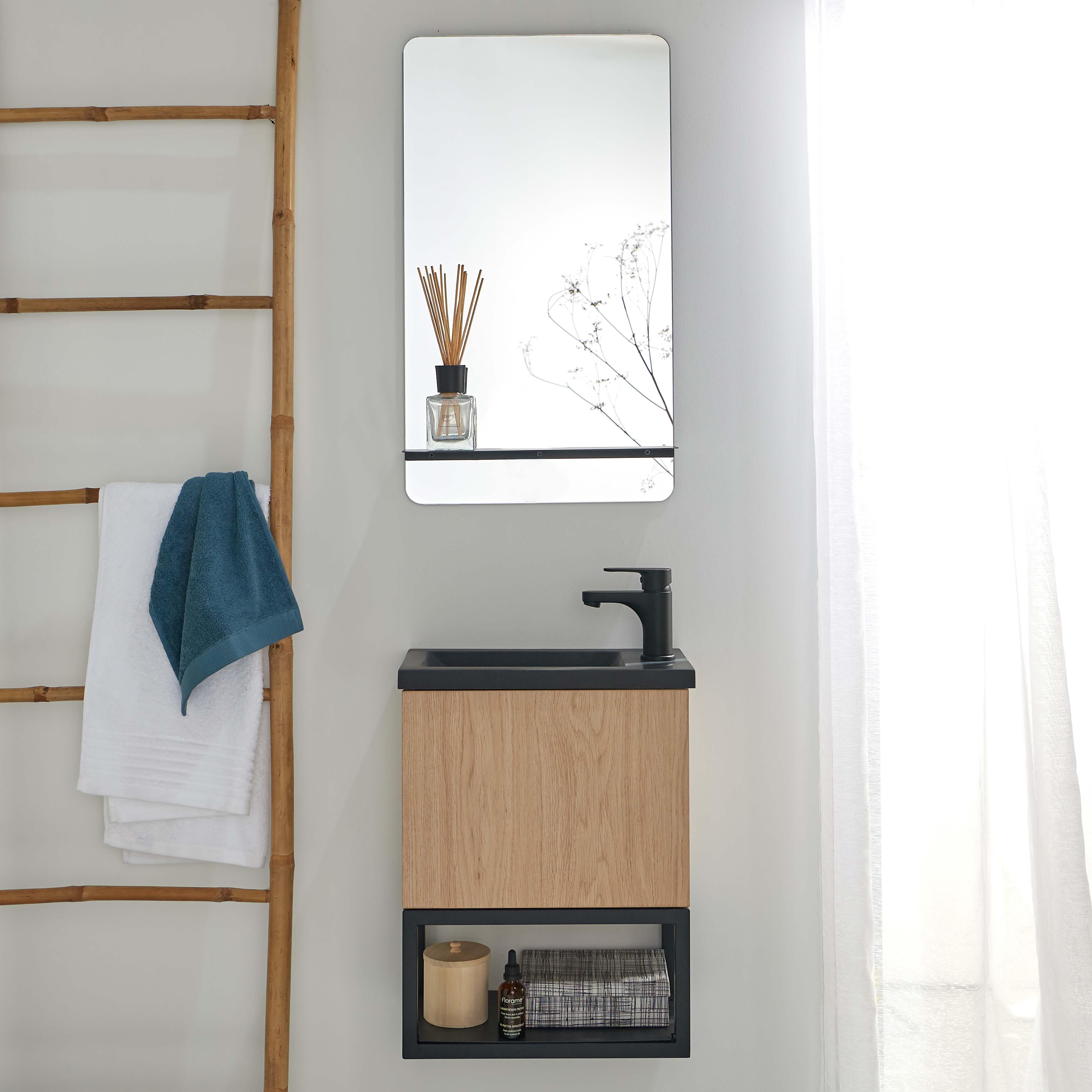 Ensemble lave-mains métal et bois avec robinet noir et miroir tablette
