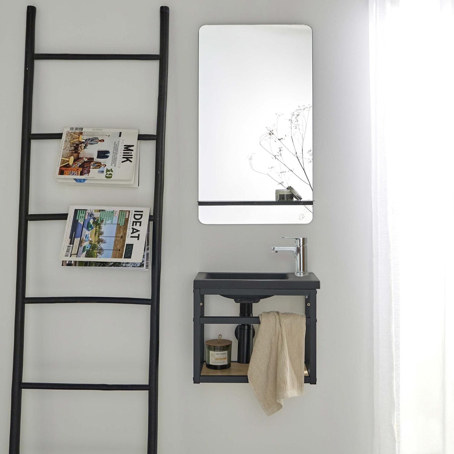 Ensemble meuble lave-mains noir SAO + miroir + robinet chromé