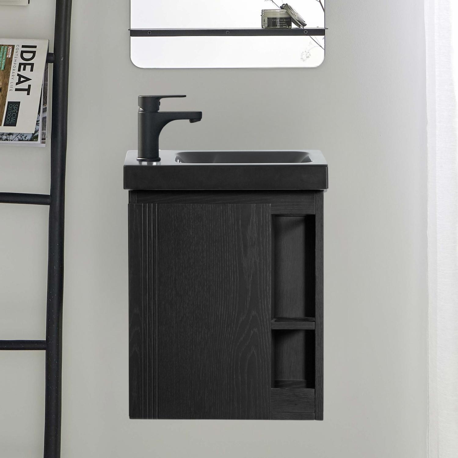 Ensemble meuble lave-mains chêne carbone vasque noire + robinet