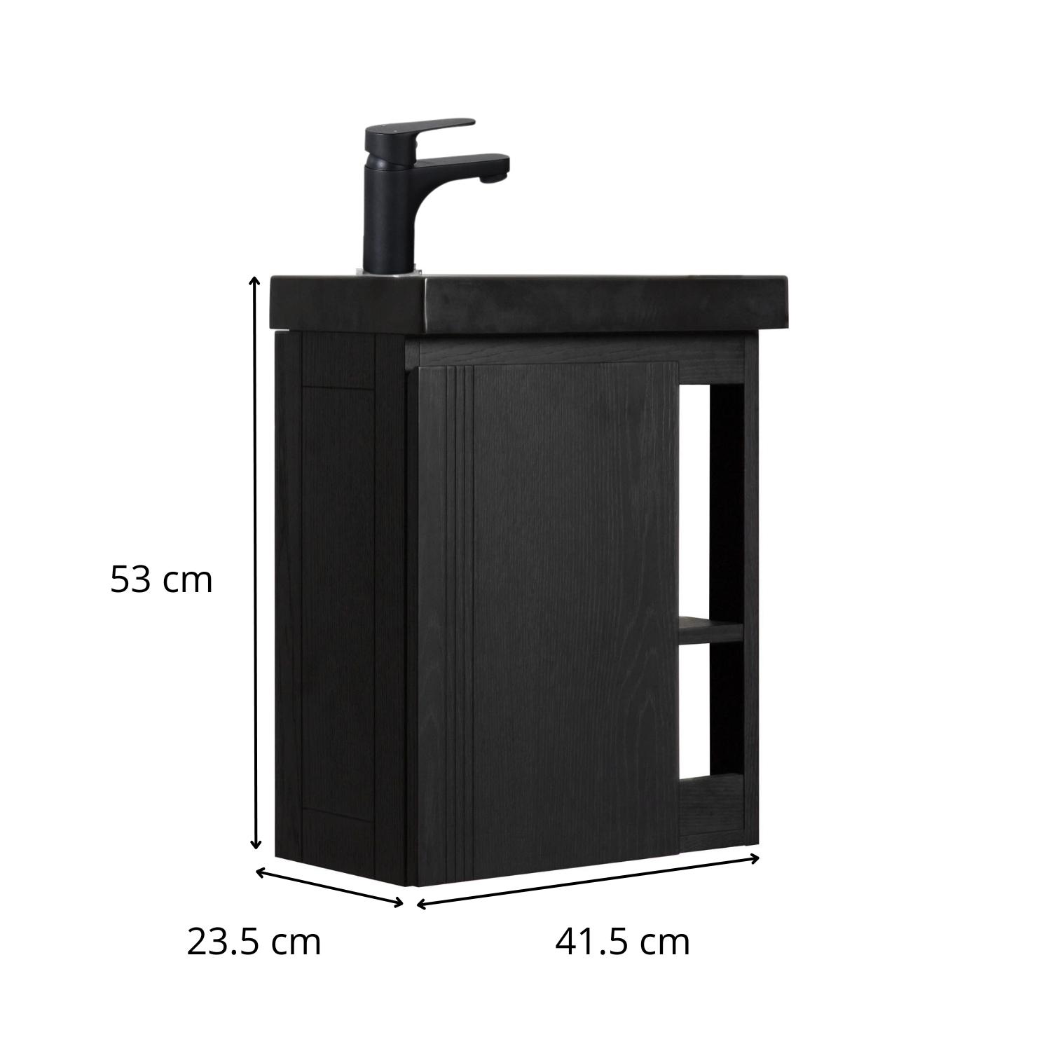 Ensemble meuble lave-mains chêne carbone vasque noire + robinet
