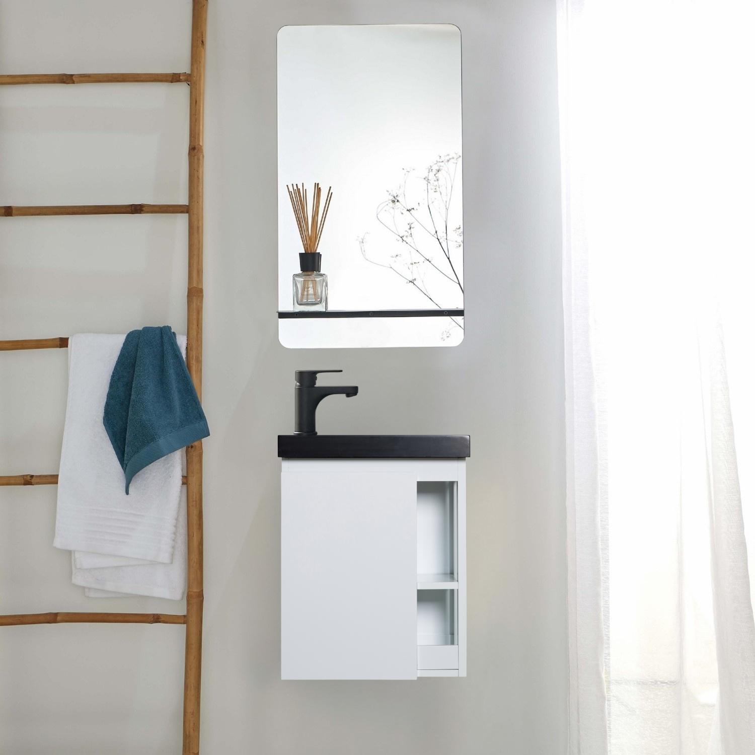 Ensemble meuble lave-mains blanc vasque noire HAMPTON avec miroir