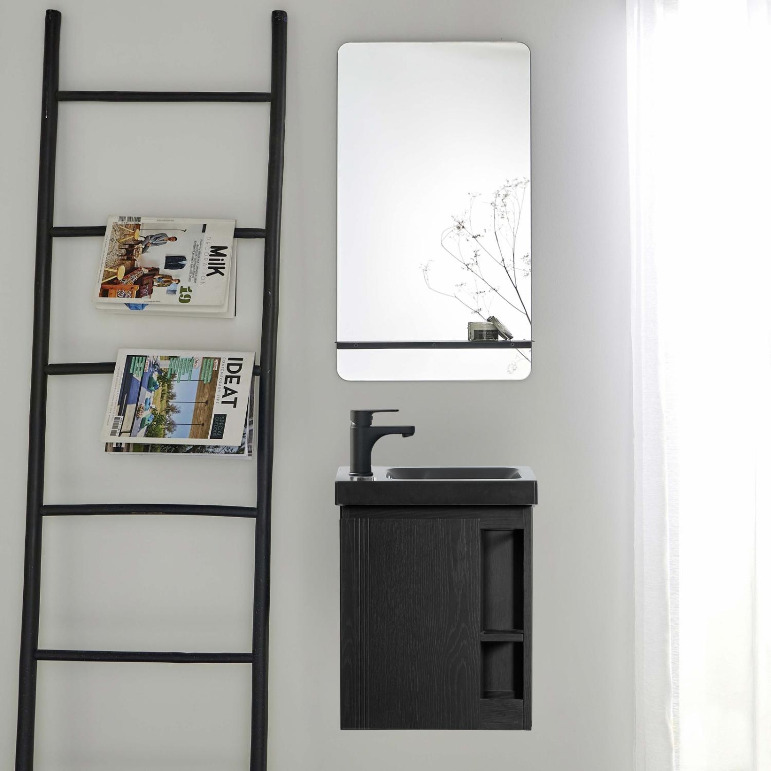 Ensemble meuble lave-mains blanc vasque noire HAMPTON avec miroir