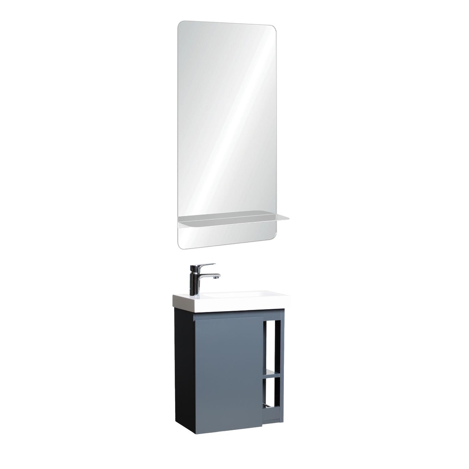 Ensemble lave-mains avec rangement latéral, robinet chromé et miroir tablette