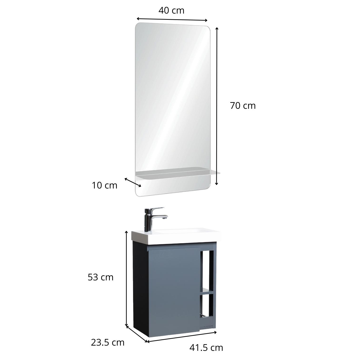 Ensemble lave-mains avec rangement latéral, robinet chromé et miroir tablette