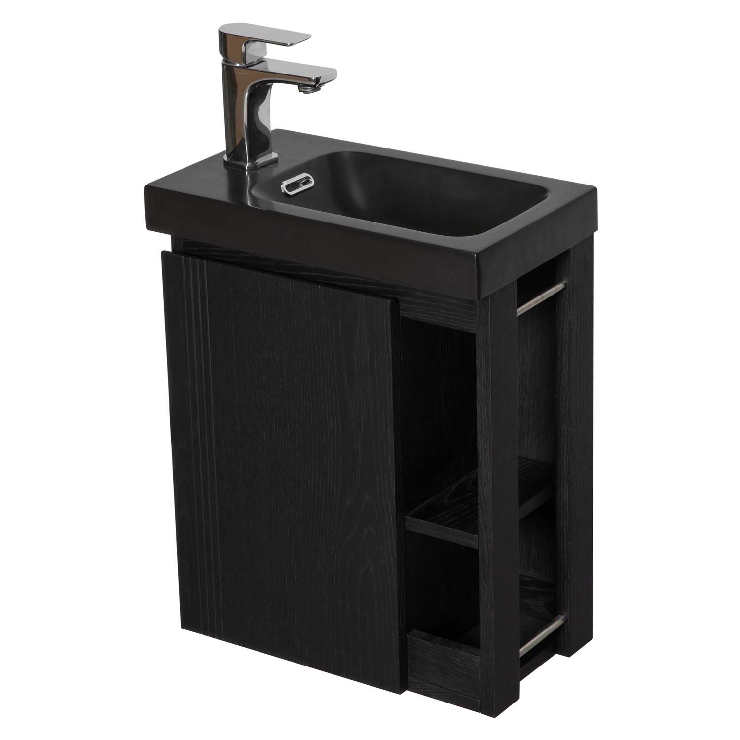 Ensemble lave-mains avec rangement latéral, robinet noir et miroir tablette
