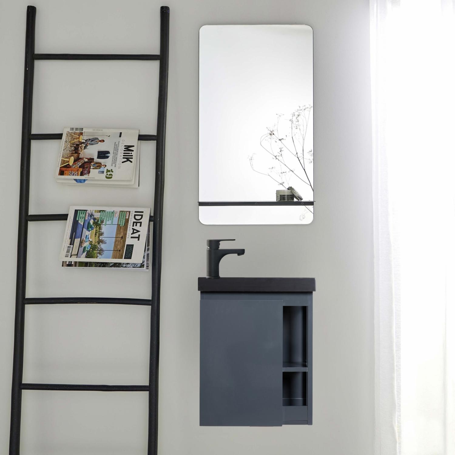 Ensemble lave-mains avec rangement latéral, robinet noir et miroir tablette