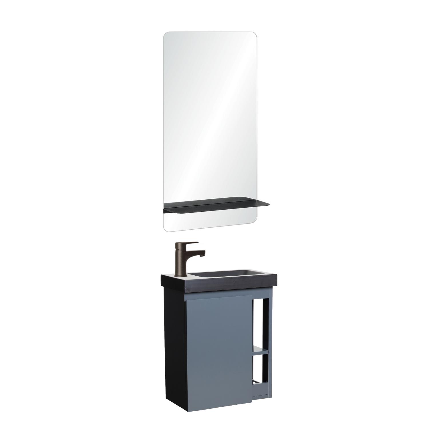 Ensemble lave-mains avec rangement latéral, robinet noir et miroir tablette