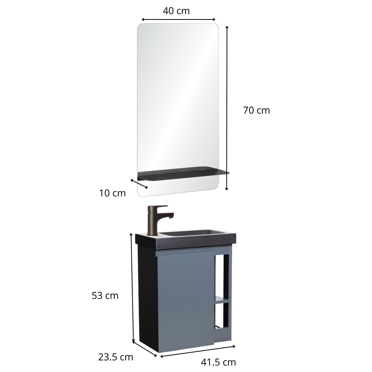 Ensemble lave-mains avec rangement latéral, robinet noir et miroir tablette