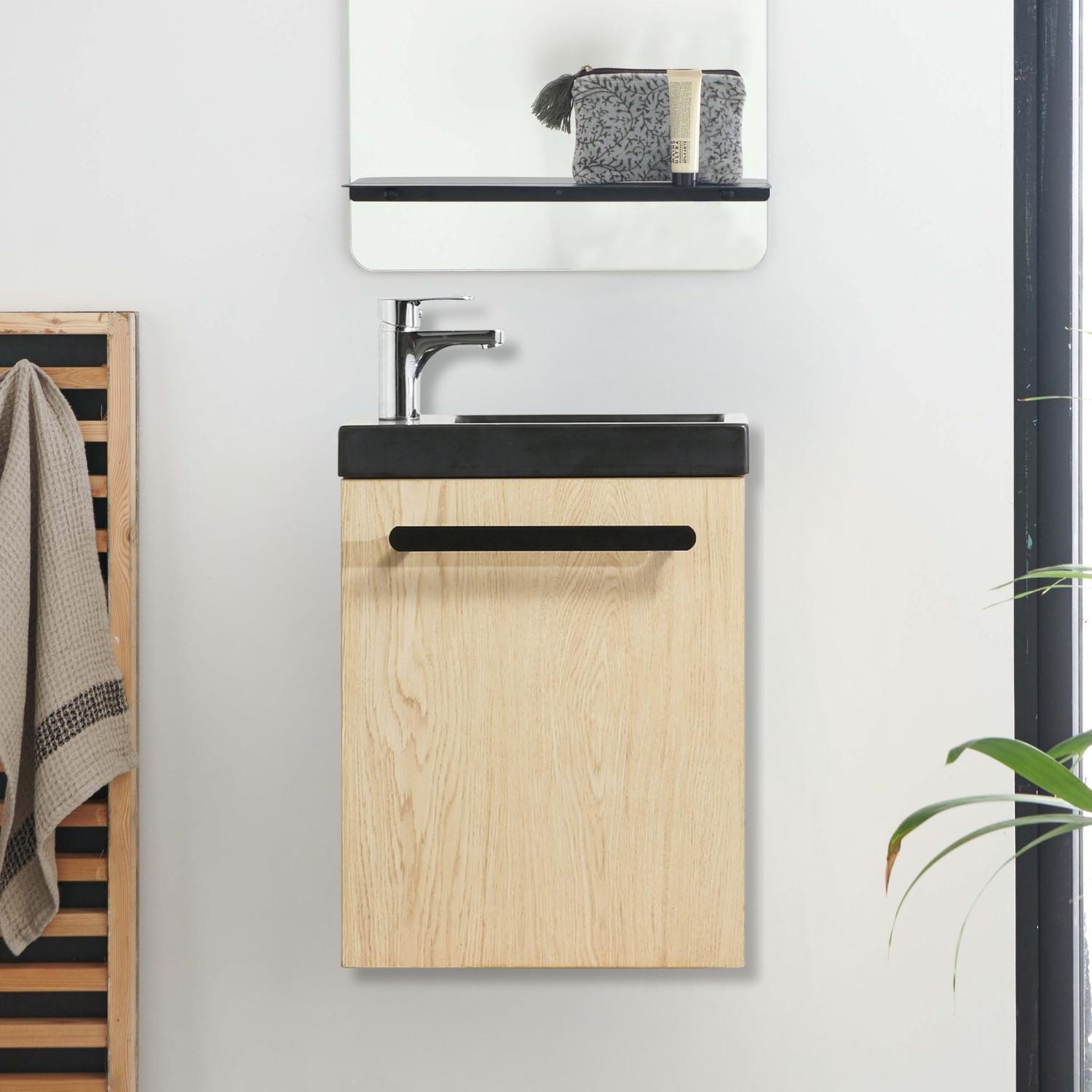Ensemble meuble lave-mains décor chêne vasque noire NEVADA avec robinet chromé