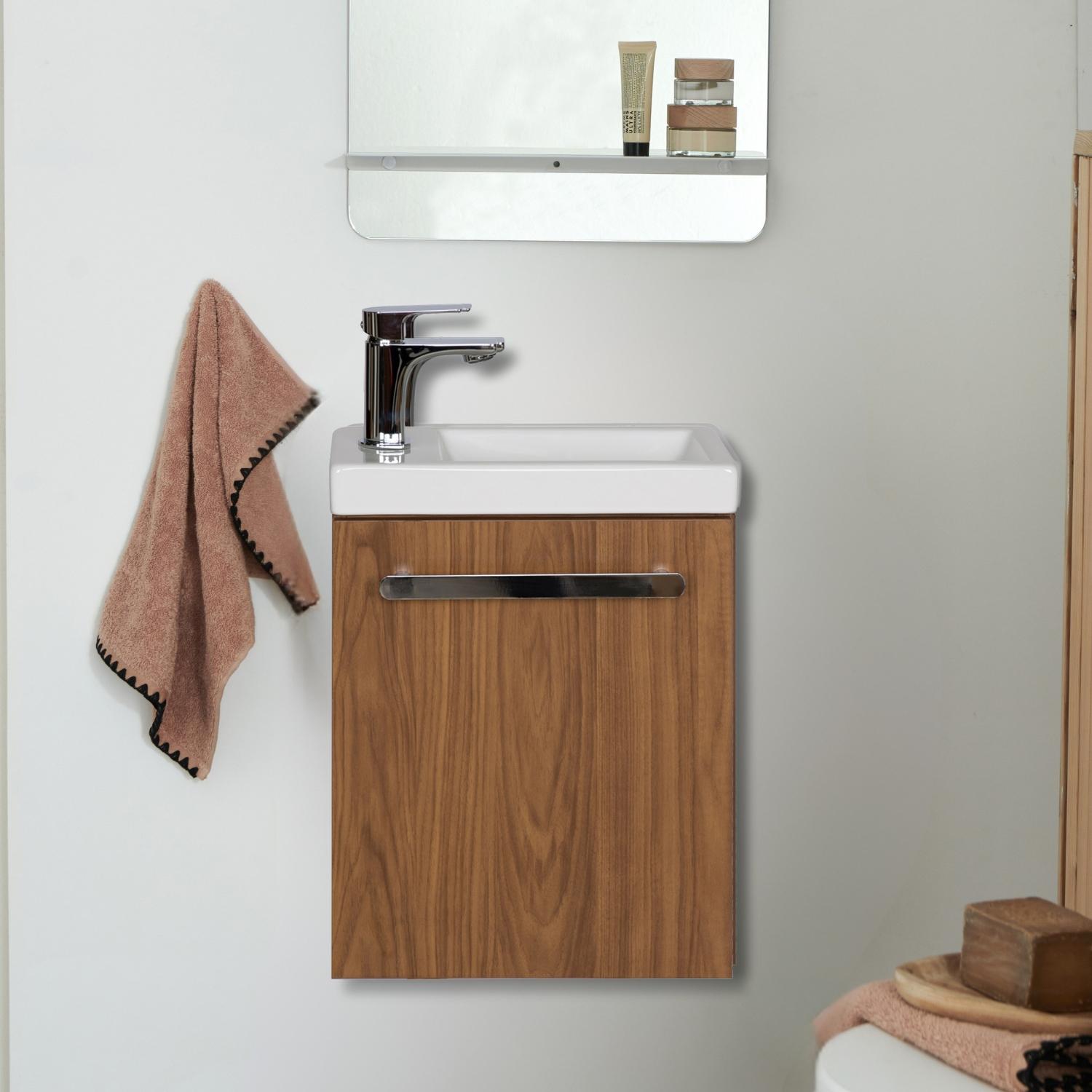 Ensemble meuble lave-mains décor chêne vasque noire NEVADA avec robinet chromé
