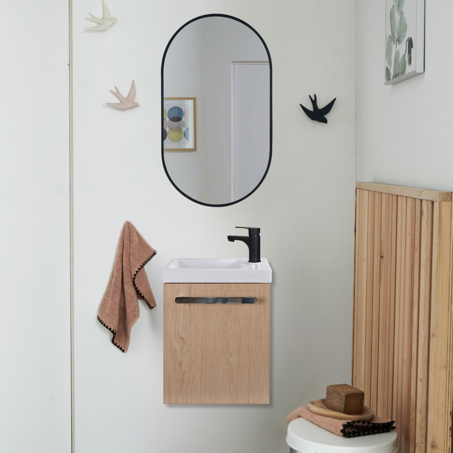 Ensemble lave-mains suspendu avec poignée métal et miroir ovale noir