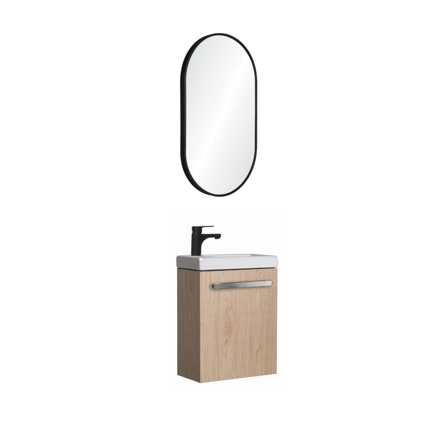 Ensemble lave-mains suspendu avec poignée métal et miroir ovale noir