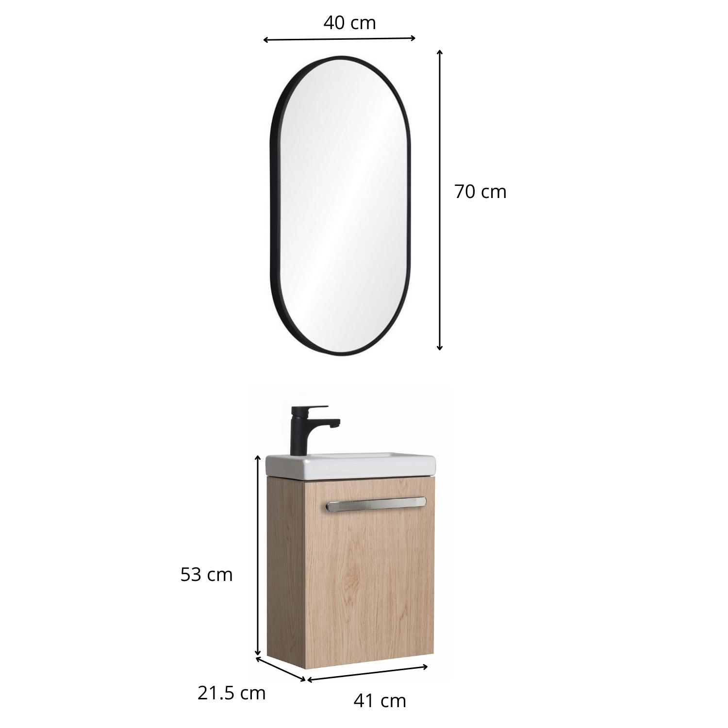 Ensemble lave-mains suspendu avec poignée métal et miroir ovale noir