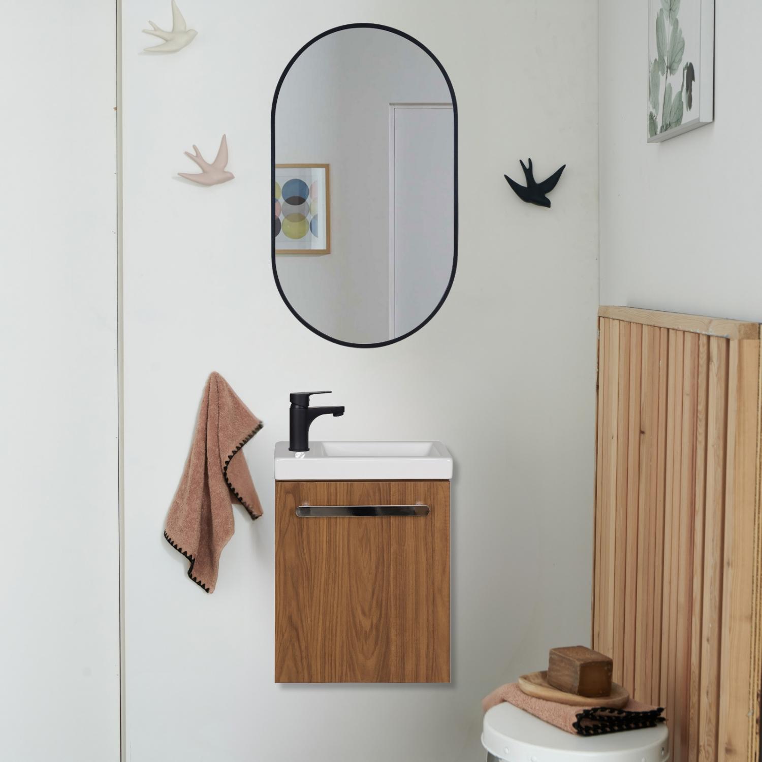 Ensemble lave-mains suspendu avec poignée métal et miroir ovale noir