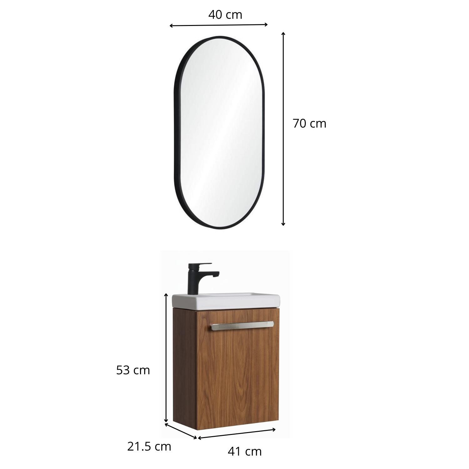 Ensemble lave-mains suspendu avec poignée métal et miroir ovale noir