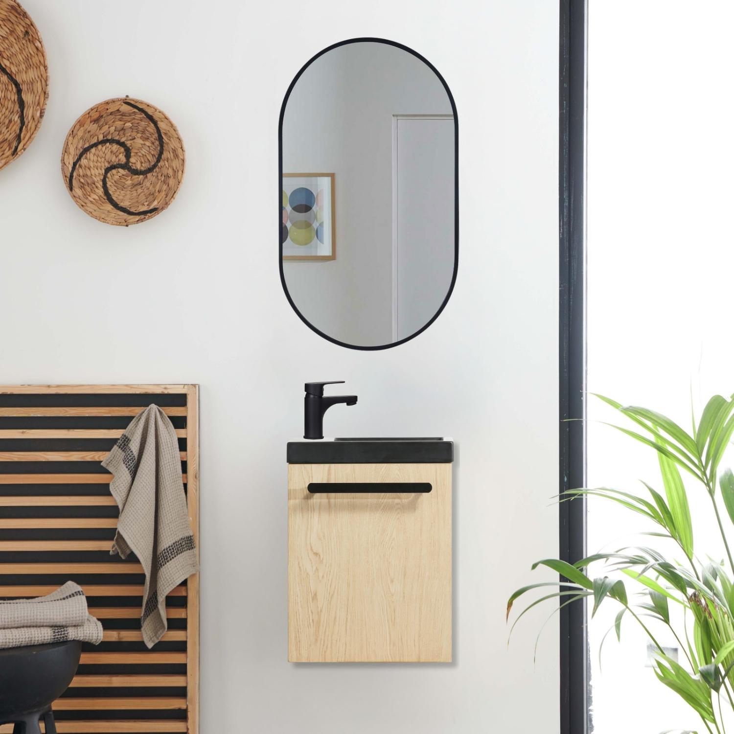 Ensemble lave-mains suspendu avec poignée métal, robinet noir et miroir ovale noir