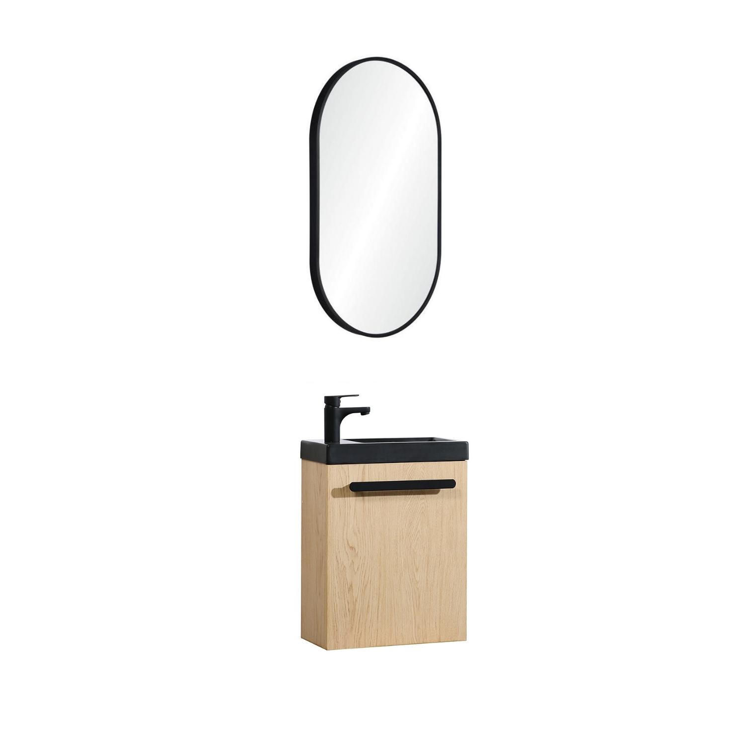 Ensemble lave-mains suspendu avec poignée métal, robinet noir et miroir ovale noir