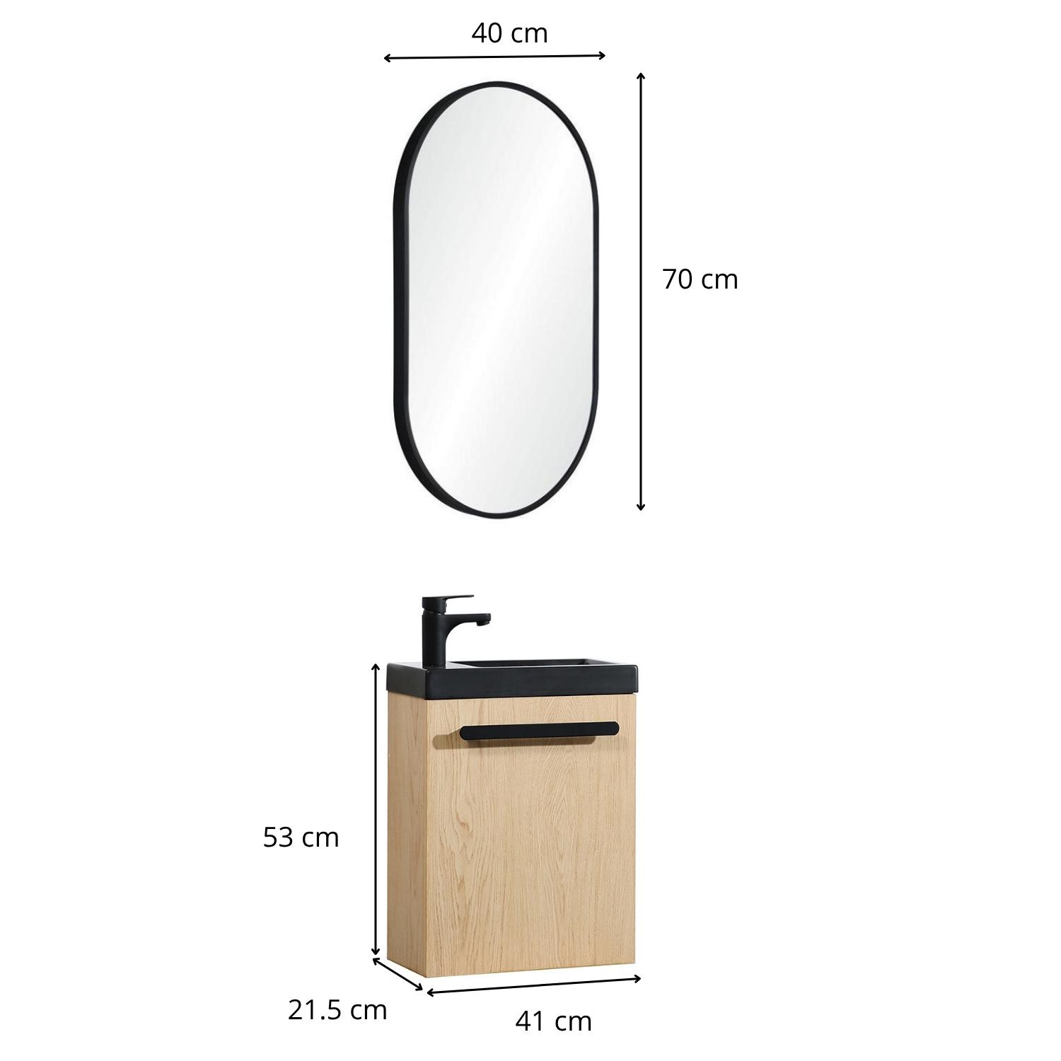 Ensemble lave-mains suspendu avec poignée métal, robinet noir et miroir ovale noir